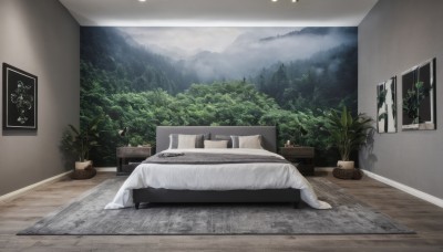 sky,cloud,indoors,tree,pillow,no humans,window,bed,chair,table,plant,curtains,nature,scenery,couch,forest,wooden floor,mountain,door,potted plant,lamp,bedroom,carpet,rug,painting (object)