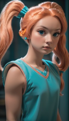 1girl,solo,long hair,breasts,looking at viewer,blue eyes,shirt,hair ornament,ribbon,twintails,jewelry,hair ribbon,upper body,earrings,small breasts,parted lips,sleeveless,artist name,orange hair,blurry,lips,eyelashes,sleeveless shirt,makeup,blurry background,blue shirt,freckles,realistic,nose,bangs,collarbone,tank top