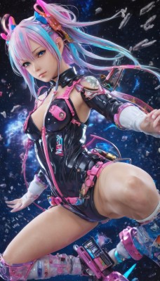 1girl,solo,long hair,breasts,looking at viewer,bangs,blue eyes,hair ornament,cleavage,hair between eyes,twintails,medium breasts,closed mouth,blue hair,pink hair,thighs,multicolored hair,detached sleeves,shiny,spread legs,armpits,two-tone hair,leotard,lips,streaked hair,shiny skin,bodysuit,headgear,skin tight,floating,zipper,science fiction,cable,space,planet