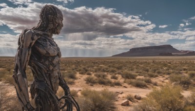 solo,standing,outdoors,sky,day,cloud,blue sky,no humans,sunlight,cloudy sky,grass,robot,scenery,mecha,science fiction,mountain,realistic,field,landscape,mountainous horizon,humanoid robot,weapon,from side,cyborg,alien