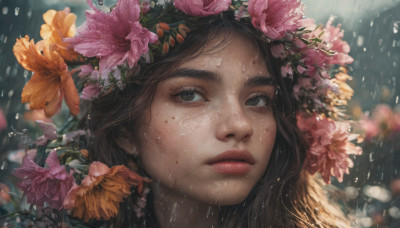 1girl, solo, long hair, looking at viewer, brown hair, hair ornament, brown eyes, flower, hair flower, blurry, lips, wet, eyelashes, portrait, close-up, pink flower, freckles, rain, water drop, realistic, nose, wet hair