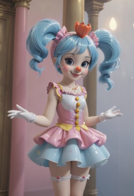 1girl,solo,long hair,breasts,looking at viewer,blush,smile,open mouth,bangs,blue eyes,skirt,hair ornament,gloves,dress,bow,twintails,jewelry,blue hair,standing,collarbone,heart,cowboy shot,hairband,small breasts,frills,teeth,sleeveless,shiny,white gloves,necklace,shiny hair,lips,blue skirt,bare arms,makeup,thigh strap,sleeveless dress,short dress,lipstick,pink dress,eyeshadow,personification,red lips,pillar,humanization,clown,thighhighs,aqua hair,drill hair