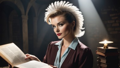 1girl,solo,looking at viewer,smile,blue eyes,blonde hair,brown hair,shirt,holding,jewelry,jacket,upper body,white hair,earrings,indoors,lips,book,makeup,formal,suit,lipstick,open book,red lips,reading,book stack,short hair,multicolored hair,nail polish,red nails,realistic,light