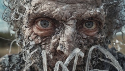 solo,looking at viewer,blue eyes,1boy,male focus,outdoors,water,blurry,grey eyes,no humans,depth of field,blurry background,portrait,close-up,realistic,teeth,black eyes,tree,monster,creature,extra eyes,horror (theme),eldritch abomination