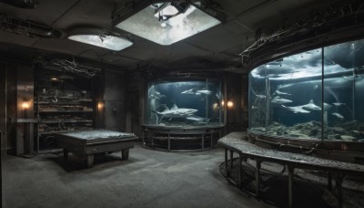 cloud,indoors,no humans,window,chair,table,scenery,fish,science fiction,underwater,ruins,spacecraft,whale,water