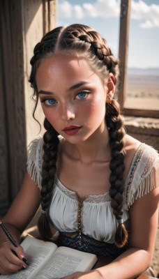 1girl,solo,long hair,breasts,looking at viewer,blue eyes,shirt,black hair,dress,holding,twintails,jewelry,sitting,closed mouth,collarbone,white shirt,upper body,braid,short sleeves,earrings,small breasts,sky,day,artist name,cloud,indoors,blurry,twin braids,blue sky,lips,fingernails,book,eyelashes,window,makeup,depth of field,blurry background,ocean,piercing,table,lipstick,ear piercing,hair over shoulder,forehead,freckles,open book,realistic,nose,red lips,pen,stud earrings,pencil,holding pen,mascara,writing,multiple braids,brown hair,nail polish,facial mark,sunlight,blue nails,backlighting,holding book,notebook,holding pencil