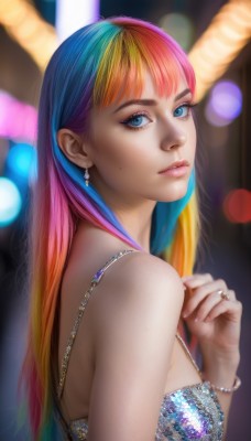 1girl,solo,long hair,breasts,looking at viewer,bangs,blue eyes,blonde hair,dress,bare shoulders,jewelry,blue hair,upper body,pink hair,multicolored hair,earrings,parted lips,hand up,orange hair,blurry,bracelet,from side,two-tone hair,lips,eyelashes,gradient hair,makeup,depth of field,blurry background,ring,gem,pink nails,pink lips,realistic,nose,mascara,rainbow hair,medium breasts,artist name,signature,necklace,nail polish,mole,streaked hair,fingernails,looking to the side,mole under eye,watermark,web address,eyeshadow,beads,bokeh