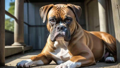 HQ,looking at viewer,brown eyes,closed mouth,lying,day,indoors,signature,blurry,no humans,depth of field,blurry background,animal,cat,on stomach,dog,realistic,animal focus,whiskers,tiger,solo,window,watermark,on side,parody,sleeping,web address,statue