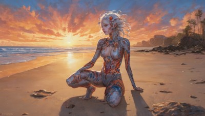 1girl,solo,long hair,breasts,hair ornament,cleavage,jewelry,medium breasts,full body,white hair,outdoors,sky,artist name,cloud,medium hair,water,tree,lips,bodysuit,ocean,beach,squatting,science fiction,sunset,rock,sand,palm tree,sun,horizon,one knee,shore,orange sky,blue eyes,navel,closed mouth,yellow eyes,earrings,barefoot,signature,looking to the side,floating hair,shadow,colored skin,arm support,watermark,looking away,cloudy sky,wind,scenery,realistic,nose,looking afar