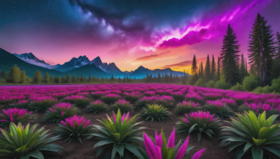 flower, outdoors, sky, cloud, tree, dutch angle, no humans, night, star (sky), nature, night sky, scenery, forest, starry sky, sunset, mountain, field, landscape, purple sky