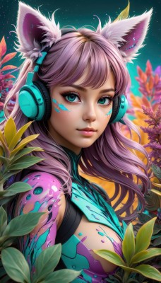 1girl,solo,long hair,breasts,looking at viewer,smile,bangs,blue eyes,animal ears,cleavage,medium breasts,closed mouth,green eyes,upper body,pink hair,purple hair,flower,outdoors,sky,artist name,cat ears,signature,from side,aqua eyes,lips,fox ears,clothing cutout,eyelashes,bodysuit,makeup,headphones,leaf,watermark,facial mark,cleavage cutout,plant,lipstick,star (sky),web address,eyeshadow,starry sky,pink lips,nose,eyeliner,whisker markings,mascara,fake animal ears,sunset,facepaint,animal ear headphones