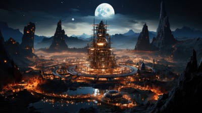 outdoors,sky,cloud,water,tree,no humans,night,moon,cloudy sky,building,star (sky),night sky,scenery,full moon,starry sky,reflection,science fiction,mountain,city,fantasy,cityscape,bridge,river,castle,tower,landscape,mountainous horizon,city lights