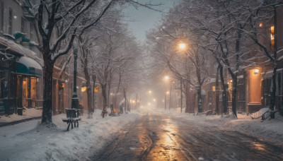 outdoors, sky, tree, no humans, night, building, scenery, snow, snowing, road, bench, winter, lamppost, bare tree