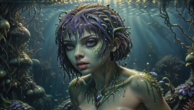 1girl,solo,breasts,looking at viewer,short hair,blue eyes,cleavage,bare shoulders,jewelry,medium breasts,upper body,purple hair,flower,parted lips,artist name,water,necklace,blurry,lips,wet,colored skin,sunlight,plant,monster girl,gem,nature,web address,tentacles,light rays,underwater,realistic,nose,air bubble,green skin,coral,seaweed,collarbone,earrings,tree,eyelashes,makeup,leaf,forest,mushroom,plant girl