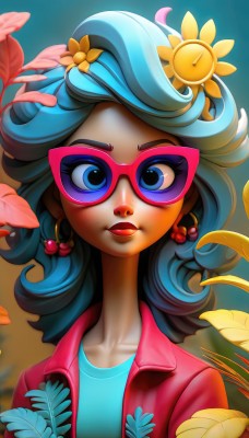 1girl,solo,long hair,looking at viewer,blue eyes,shirt,hair ornament,jewelry,blue hair,collarbone,jacket,upper body,flower,earrings,glasses,artist name,hair flower,dark skin,dark-skinned female,lips,eyelashes,makeup,fruit,leaf,blue shirt,lipstick,eyeshadow,curly hair,yellow flower,sunflower,red lips,domino mask,multicolored hair,open clothes,signature,sunglasses,freckles