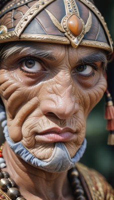 1girl,solo,looking at viewer,1boy,brown eyes,jewelry,closed mouth,white hair,grey hair,male focus,necklace,blurry,lips,eyelashes,blurry background,facial hair,helmet,gem,portrait,beard,close-up,beads,realistic,nose,mustache,old,old man,sanpaku,old woman,wrinkled skin,black hair,depth of field