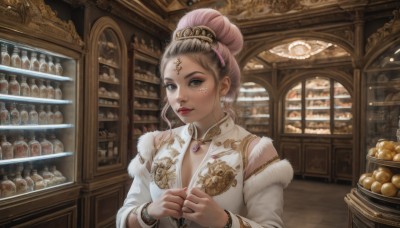 1girl,solo,long hair,looking at viewer,blue eyes,hair ornament,long sleeves,dress,jewelry,closed mouth,upper body,pink hair,multicolored hair,hairband,earrings,food,indoors,necklace,hair bun,nail polish,bracelet,two-tone hair,lips,grey eyes,fur trim,makeup,facial mark,single hair bun,ring,bottle,tiara,gem,gold trim,forehead mark,fantasy,hair pulled back,shelf,jar,shop,breasts,smile,short hair,cleavage,medium breasts,white hair,detached sleeves,artist name,white dress,mole,coat,fingernails,fruit,piercing,ear piercing,freckles,realistic,basket,red lips,hyur,cabinet