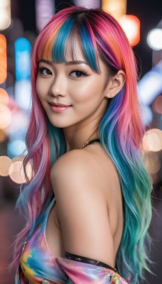 1girl,solo,long hair,breasts,looking at viewer,smile,bangs,bare shoulders,brown eyes,jewelry,medium breasts,closed mouth,blue hair,upper body,pink hair,multicolored hair,earrings,necklace,blurry,from side,two-tone hair,lips,looking to the side,aqua hair,sideboob,gradient hair,makeup,depth of field,blurry background,watermark,multicolored clothes,realistic,nose,bokeh,rainbow hair,swimsuit,bikini,green hair,artist name,blunt bangs,streaked hair,eyelashes,pink lips,stud earrings,mascara