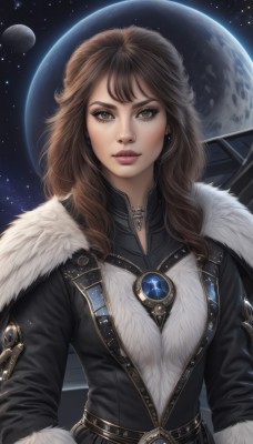 1girl,solo,long hair,looking at viewer,brown hair,brown eyes,jewelry,upper body,earrings,belt,necklace,lips,coat,fur trim,makeup,moon,star (sky),starry sky,freckles,curly hair,realistic,nose,space,planet,earth (planet),bangs,weapon,artist name,gem,gunblade