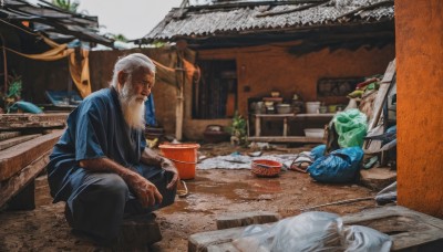 1boy,sitting,white hair,male focus,outdoors,food,japanese clothes,multiple boys,day,2boys,kimono,facial hair,plant,beard,bowl,bucket,architecture,old,east asian architecture,old man,solo,pants,blurry,squatting,scenery,realistic,bald