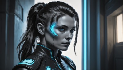 1girl,solo,long hair,looking at viewer,blue eyes,black hair,jewelry,closed mouth,monochrome,upper body,ponytail,earrings,blurry,lips,eyelashes,bodysuit,colored skin,portrait,spot color,science fiction,nose,stud earrings,cyborg,hair pulled back,neon trim,cyberpunk,sidelocks,glowing,glowing eyes,realistic,android