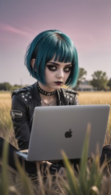 1girl,solo,looking at viewer,short hair,bangs,black hair,gloves,holding,brown eyes,jewelry,sitting,closed mouth,blue hair,jacket,yellow eyes,multicolored hair,earrings,outdoors,open clothes,choker,black gloves,pants,artist name,fingerless gloves,necklace,mole,blurry,bracelet,black jacket,aqua hair,makeup,depth of field,blurry background,black choker,black pants,piercing,grass,cross,lipstick,ear piercing,black nails,spikes,computer,leather,spiked bracelet,spiked collar,laptop,cross earrings,leather jacket,mascara,black lips,green hair,signature,blunt bangs,collar,lips,eyelashes,eyeshadow,freckles,realistic,nose,eyeliner,purple lips