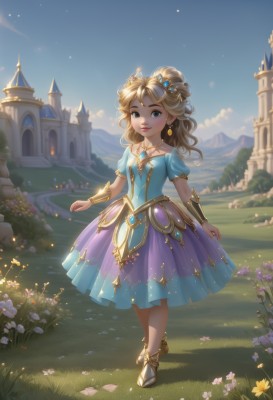 1girl,solo,long hair,looking at viewer,smile,blue eyes,skirt,blonde hair,dress,jewelry,standing,collarbone,full body,flower,short sleeves,earrings,outdoors,sky,day,puffy sleeves,artist name,cloud,necklace,hair bun,bracelet,blue sky,puffy short sleeves,lips,night,blue dress,watermark,grass,tiara,crown,building,gem,child,walking,mountain,fantasy,field,castle,princess,breasts,hair ornament,small breasts,parted lips,see-through