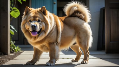 HQ,solo,looking at viewer,open mouth,standing,full body,outdoors,day,tongue,indoors,tongue out,black eyes,no humans,animal,plant,dog,realistic,door,animal focus,signature,blurry,shadow,leaf,fangs,potted plant,white fur,brown fur,orange fur