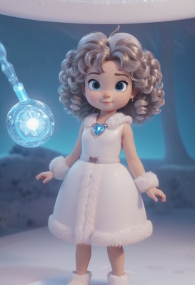 1girl,solo,looking at viewer,smile,blue eyes,brown hair,dress,jewelry,closed mouth,standing,full body,ahoge,grey hair,heart,earrings,boots,outdoors,sleeveless,belt,artist name,white dress,blurry,flat chest,fur trim,sleeveless dress,blurry background,white footwear,brooch,wristband,gem,child,web address,snow,freckles,curly hair,arms at sides,female child,fur-trimmed dress,fur-trimmed boots,fur boots,long hair,blush,bare shoulders,lips,night,watermark,stud earrings