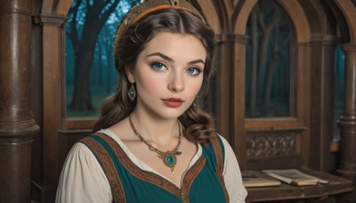 1girl,solo,long hair,looking at viewer,smile,blue eyes,brown hair,black hair,dress,jewelry,closed mouth,green eyes,collarbone,upper body,hairband,earrings,indoors,necklace,tree,lips,book,makeup,gem,pendant,freckles,curly hair,realistic,red lips,blurry,aqua eyes,window,tiara,lipstick,portrait,forehead,princess,aqua dress