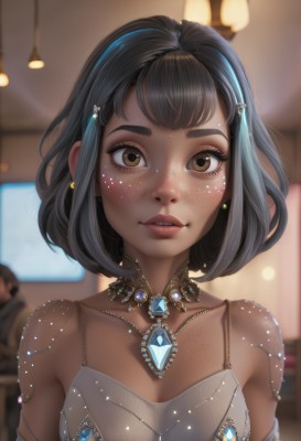 1girl,solo,breasts,looking at viewer,blush,smile,short hair,bangs,black hair,hair ornament,dress,cleavage,bare shoulders,brown eyes,jewelry,collarbone,upper body,earrings,parted lips,teeth,solo focus,artist name,indoors,dark skin,medium hair,necklace,white dress,blurry,dark-skinned female,lips,eyelashes,makeup,depth of field,blurry background,gem,freckles,nose,straight-on,medium breasts,multicolored hair,small breasts,streaked hair,watermark,realistic