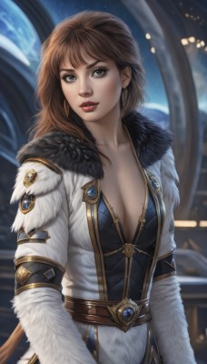 1girl,solo,long hair,breasts,looking at viewer,bangs,brown hair,long sleeves,dress,cleavage,brown eyes,jewelry,medium breasts,collarbone,upper body,earrings,parted lips,belt,blurry,lips,coat,grey eyes,fur trim,makeup,blurry background,lipstick,nose,white coat,red lips,fur-trimmed coat,large breasts,standing,jacket,open clothes,artist name,realistic,fur