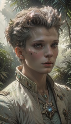 1girl,solo,short hair,shirt,1boy,jewelry,jacket,upper body,male focus,outdoors,parted lips,artist name,necklace,mole,black eyes,lips,wet,grey eyes,eyelashes,mole under eye,leaf,looking away,sunlight,white jacket,plant,messy hair,gem,portrait,nature,freckles,realistic,nose,dappled sunlight,looking at viewer,blush,brown hair,black hair,earrings,tree,facial mark,androgynous,forest,curly hair,facepaint,very short hair