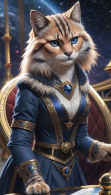 1girl,solo,breasts,looking at viewer,blue eyes,long sleeves,dress,animal ears,jewelry,sitting,closed mouth,standing,sky,belt,artist name,indoors,signature,blurry,fur trim,no humans,night,blurry background,blue dress,animal,chair,table,cat,brooch,gem,star (sky),furry,starry sky,fur collar,animal hands,furry female,space,body fur,animal focus,white fur,planet,whiskers,blue gemstone,fluffy,globe,medium breasts,necklace,star (symbol),coat,gold trim,snowing,tiger