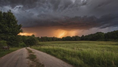 outdoors,sky,cloud,tree,no humans,cloudy sky,grass,ground vehicle,nature,scenery,forest,sunset,mountain,sun,road,bush,power lines,evening,landscape,path,hill,fire,building,field,house