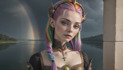 1girl,solo,long hair,looking at viewer,smile,bangs,blue eyes,hair ornament,jewelry,closed mouth,blue hair,collarbone,upper body,pink hair,purple hair,braid,multicolored hair,earrings,outdoors,green hair,sky,choker,artist name,cloud,water,twin braids,two-tone hair,lips,grey eyes,makeup,cross,portrait,red lips,rainbow,rainbow hair,cloudy sky,scenery,realistic