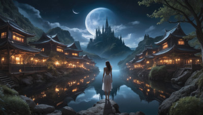 1girl, solo, long hair, black hair, dress, standing, outdoors, sky, sleeveless, cloud, water, from behind, white dress, tree, night, sleeveless dress, moon, building, star (sky), night sky, scenery, full moon, starry sky, reflection, lantern, stairs, mountain, facing away, architecture, crescent moon, east asian architecture, castle, pagoda