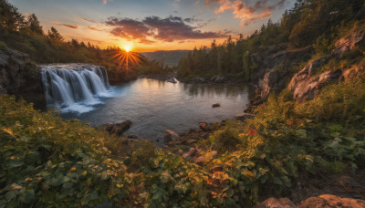 outdoors, sky, cloud, water, tree, no humans, nature, scenery, forest, sunset, rock, mountain, sun, river, waterfall, landscape