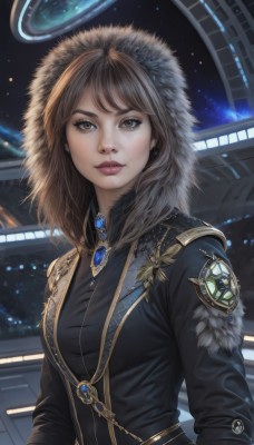 1girl,solo,long hair,breasts,looking at viewer,bangs,brown hair,shirt,long sleeves,brown eyes,jewelry,medium breasts,closed mouth,jacket,upper body,earrings,hood,medium hair,lips,coat,fur trim,night,brooch,gem,star (sky),pendant,hood up,realistic,nose,parted lips,artist name,necklace,eyelashes,makeup,lipstick,space