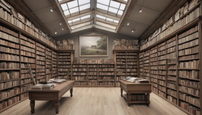 day,indoors,tree,book,no humans,window,chair,table,sunlight,scenery,desk,wooden floor,paper,bookshelf,shelf,book stack,library,ceiling,ladder,ceiling light