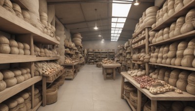 monochrome,food,indoors,no humans,window,table,steam,scenery,basket,bread,sepia,shelf,meat,food focus,shop,ceiling,ceiling light,day,chair