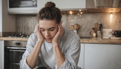 1girl,solo,smile,short hair,brown hair,shirt,1boy,closed mouth,closed eyes,white shirt,upper body,male focus,indoors,hair bun,blurry,blurry background,single hair bun,facing viewer,realistic,hands on own face,hands on own cheeks,kitchen,arm hair,sink,counter,black hair,sweater,lips,head rest,nose,white sweater