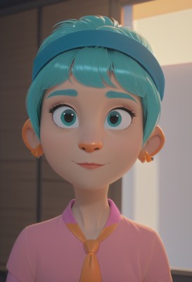 1girl,solo,looking at viewer,smile,short hair,bangs,shirt,jewelry,closed mouth,blue hair,upper body,short sleeves,hairband,earrings,necktie,collared shirt,artist name,indoors,blurry,aqua eyes,lips,eyelashes,aqua hair,depth of field,blurry background,thick eyebrows,portrait,freckles,pink shirt,blue hairband,straight-on,hair bun,window,single hair bun,backlighting,orange necktie