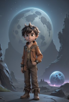 solo,looking at viewer,short hair,brown hair,shirt,1boy,brown eyes,jewelry,standing,jacket,full body,male focus,earrings,boots,outdoors,open clothes,sky,belt,pants,artist name,signature,necklace,bracelet,open jacket,lips,night,brown footwear,moon,spiked hair,child,star (sky),night sky,full moon,starry sky,hand in pocket,brown jacket,rock,male child,leather,planet,leather jacket,vest,fantasy,brown pants