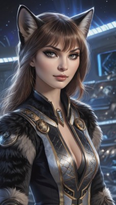 1girl,solo,long hair,breasts,looking at viewer,smile,bangs,brown hair,animal ears,cleavage,brown eyes,jewelry,medium breasts,closed mouth,upper body,cat ears,blurry,lips,grey eyes,fur trim,eyelashes,makeup,blurry background,nose,artist name,signature,animal ear fluff,wolf ears,thick eyebrows,freckles,realistic,fur