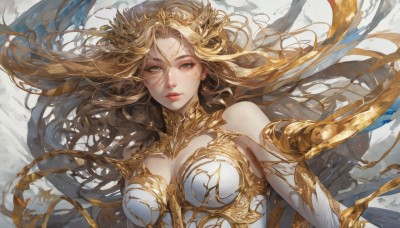 1girl,solo,long hair,breasts,looking at viewer,blue eyes,blonde hair,hair ornament,dress,cleavage,bare shoulders,jewelry,medium breasts,closed mouth,upper body,earrings,detached sleeves,white dress,armor,lips,grey eyes,detached collar,floating hair,facial mark,expressionless,elbow gloves,eyelashes