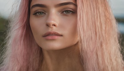 1girl,solo,long hair,looking at viewer,green eyes,pink hair,parted lips,blurry,lips,grey eyes,eyelashes,depth of field,blurry background,portrait,close-up,freckles,realistic,nose,brown eyes,outdoors,teeth