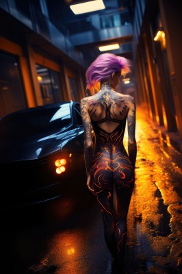 1girl,solo,short hair,jewelry,standing,pink hair,purple hair,ass,nude,earrings,outdoors,dark skin,from behind,blurry,dark-skinned female,tattoo,night,blurry background,back,ground vehicle,motor vehicle,walking,city,car,road,arm tattoo,street,back tattoo,sports car,full-body tattoo,full body,wings,completely nude,depth of field,undercut,cyberpunk,median furrow