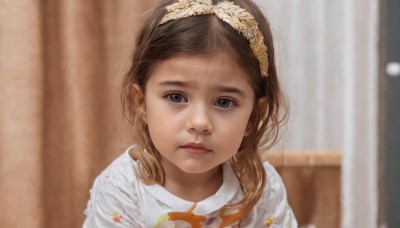 1girl,solo,long hair,looking at viewer,brown hair,shirt,brown eyes,closed mouth,white shirt,upper body,hairband,indoors,blurry,black eyes,lips,depth of field,blurry background,curtains,child,realistic,female child,portrait