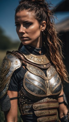 1girl,solo,long hair,breasts,looking at viewer,brown hair,brown eyes,jewelry,closed mouth,upper body,earrings,outdoors,choker,dark skin,armor,blurry,dark-skinned female,lips,blurry background,shoulder armor,curly hair,pauldrons,breastplate,realistic,nose,hair pulled back,chainmail